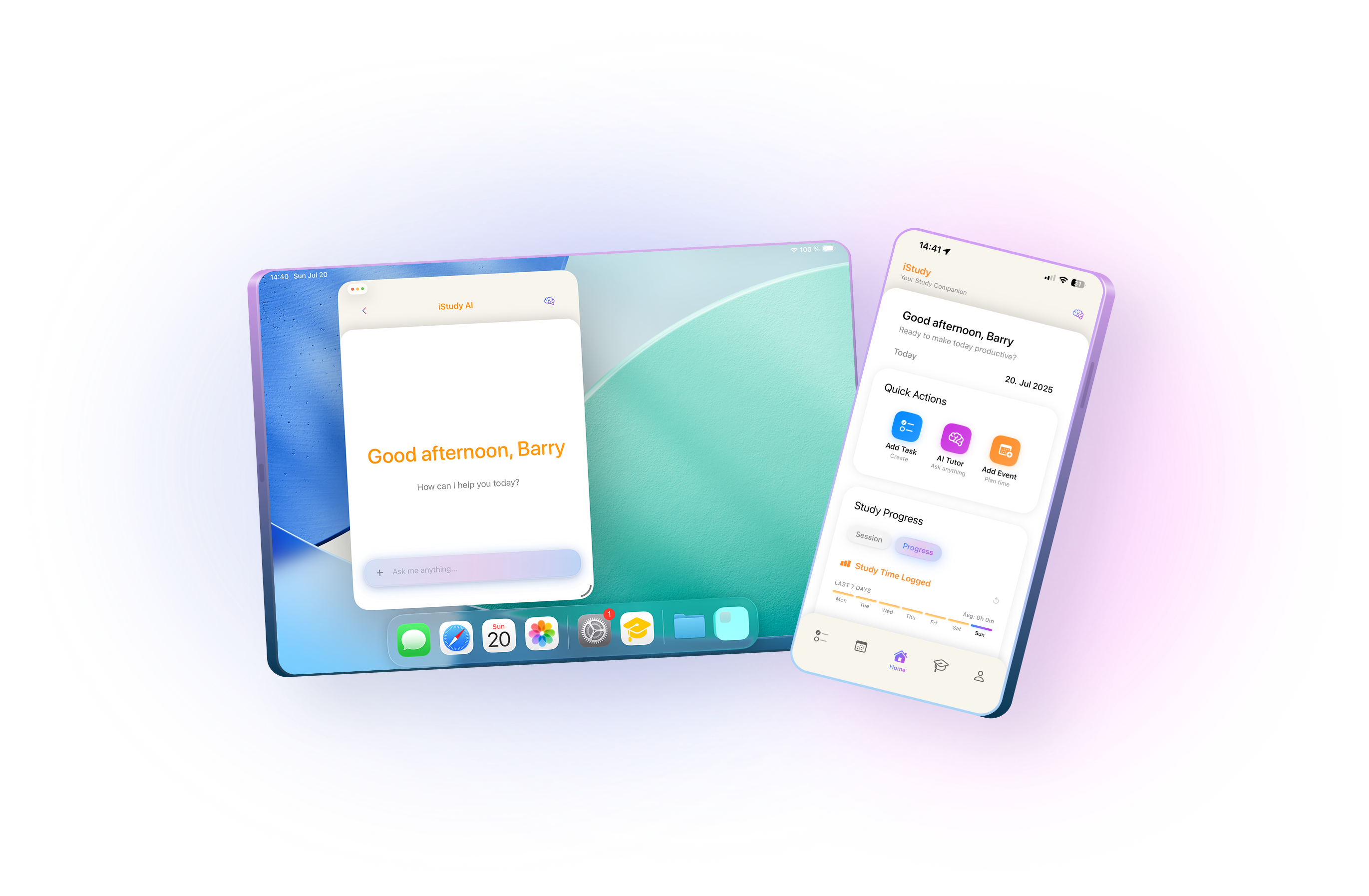 iStudy App Interface - AI-powered study planner showing dashboard and task management
